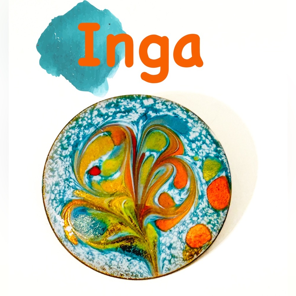 Vintage Inga Puzenas Enamel on Copper Brooch